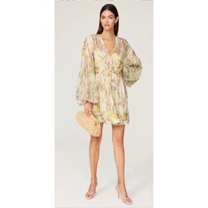 Alexis Behati Floral Swiss Dot V-Neck Puff Sleeve Mini Dress Yellow Multi XS